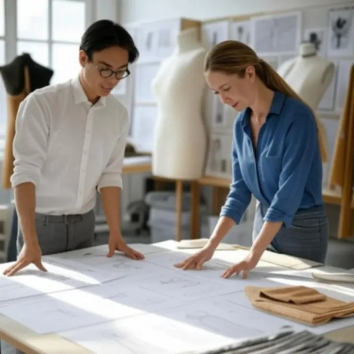 Behind-the-scenes view of designers working in a fashion studio